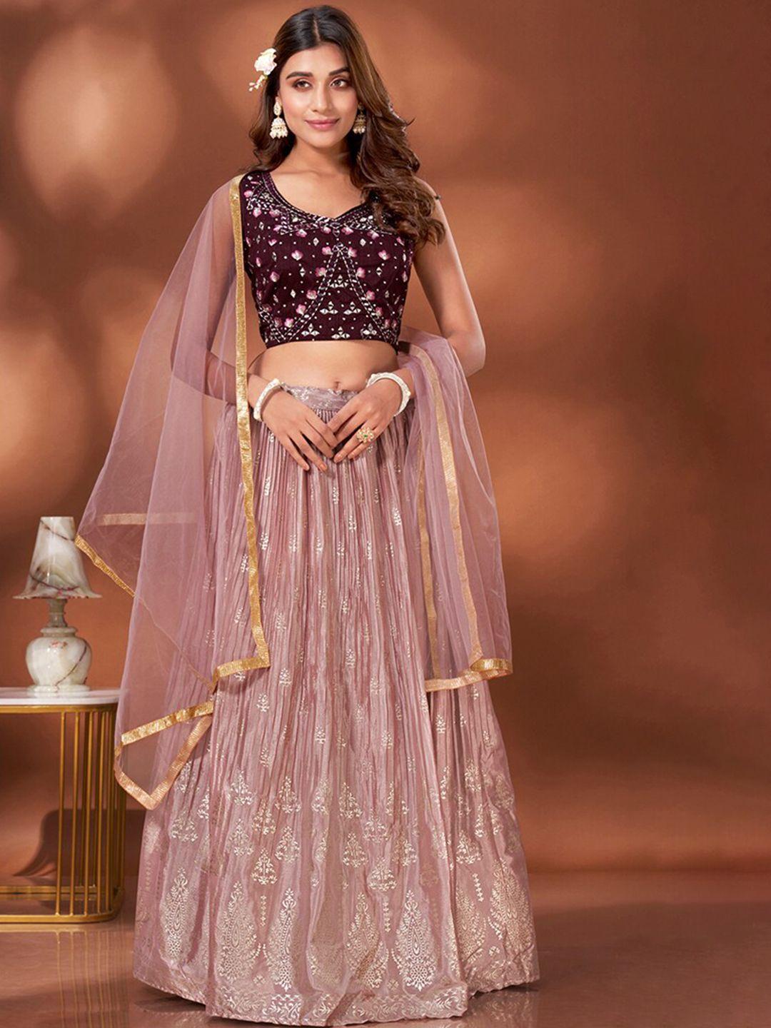 here&now mauve & purple embroidered mirror work lehenga & blouse with dupatta