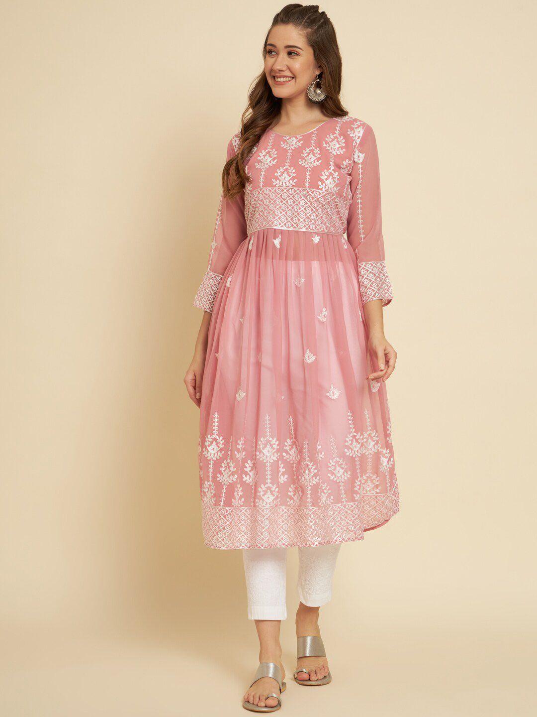 here&now mauve & white ethnic motifs chikankari embroidered anarkali georgette kurta