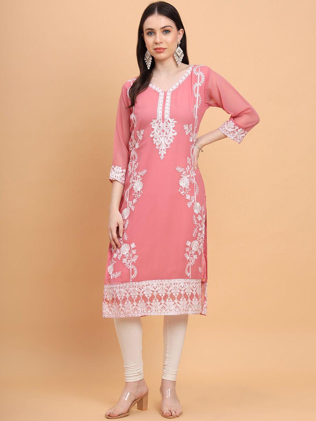 here&now mauve ethnic motifs embroidered georgette kurta