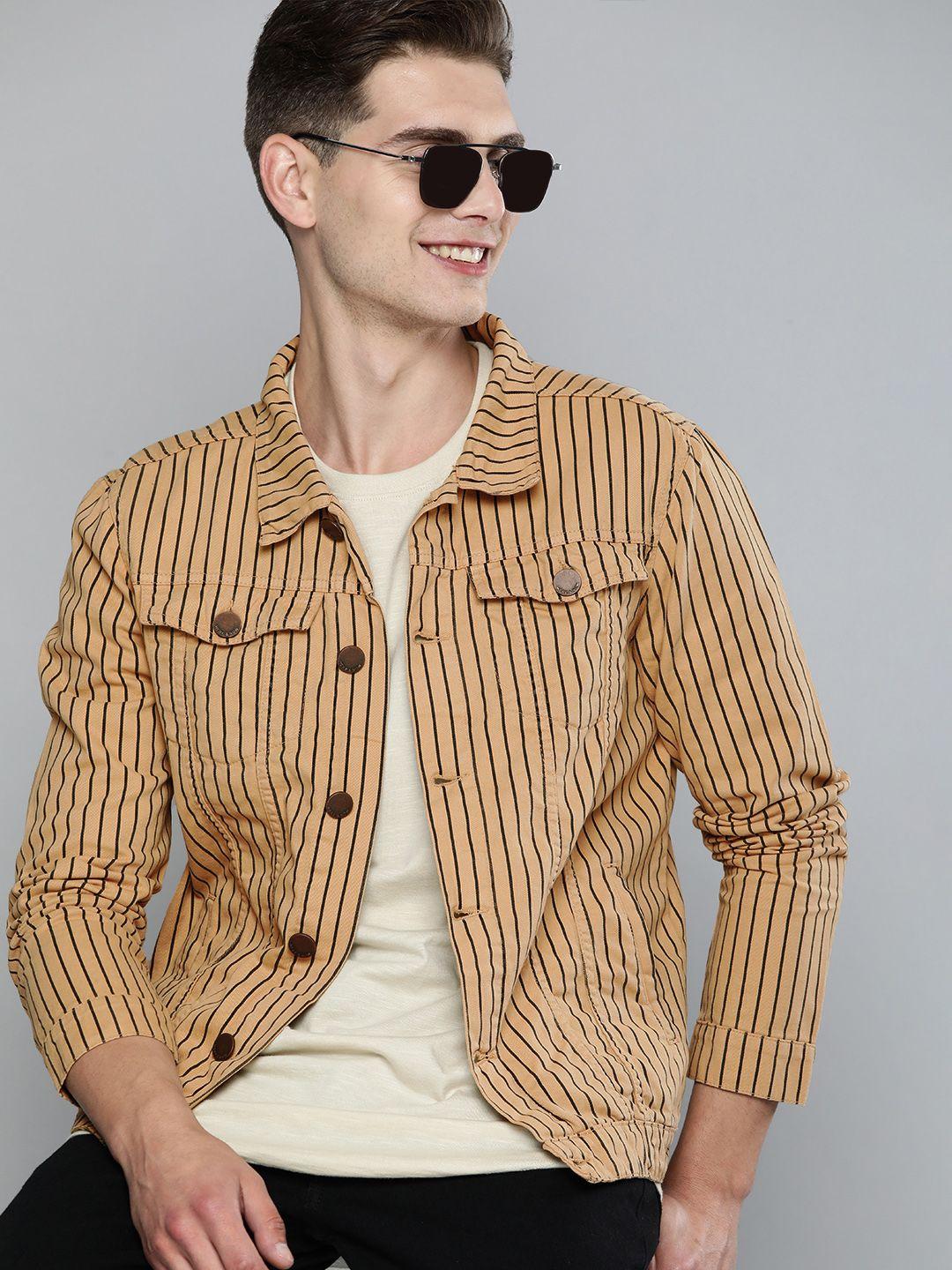 here&now men beige & black striped tailored jacket