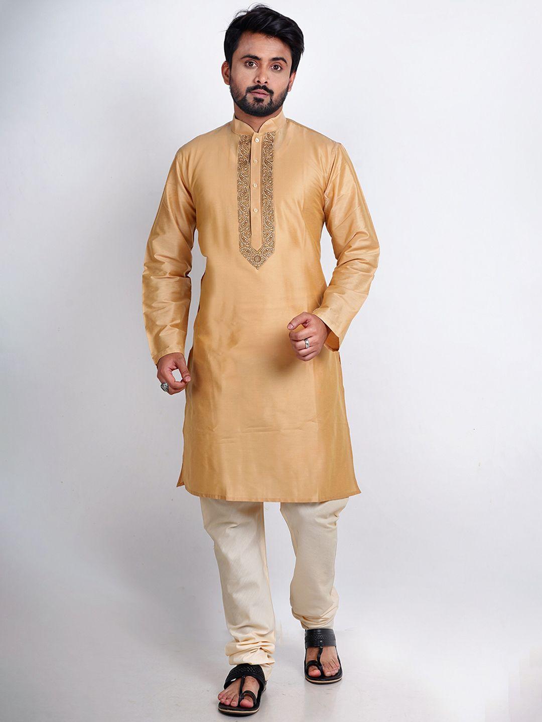 here&now men beige ethnic motifs embroidered kurta with churidar