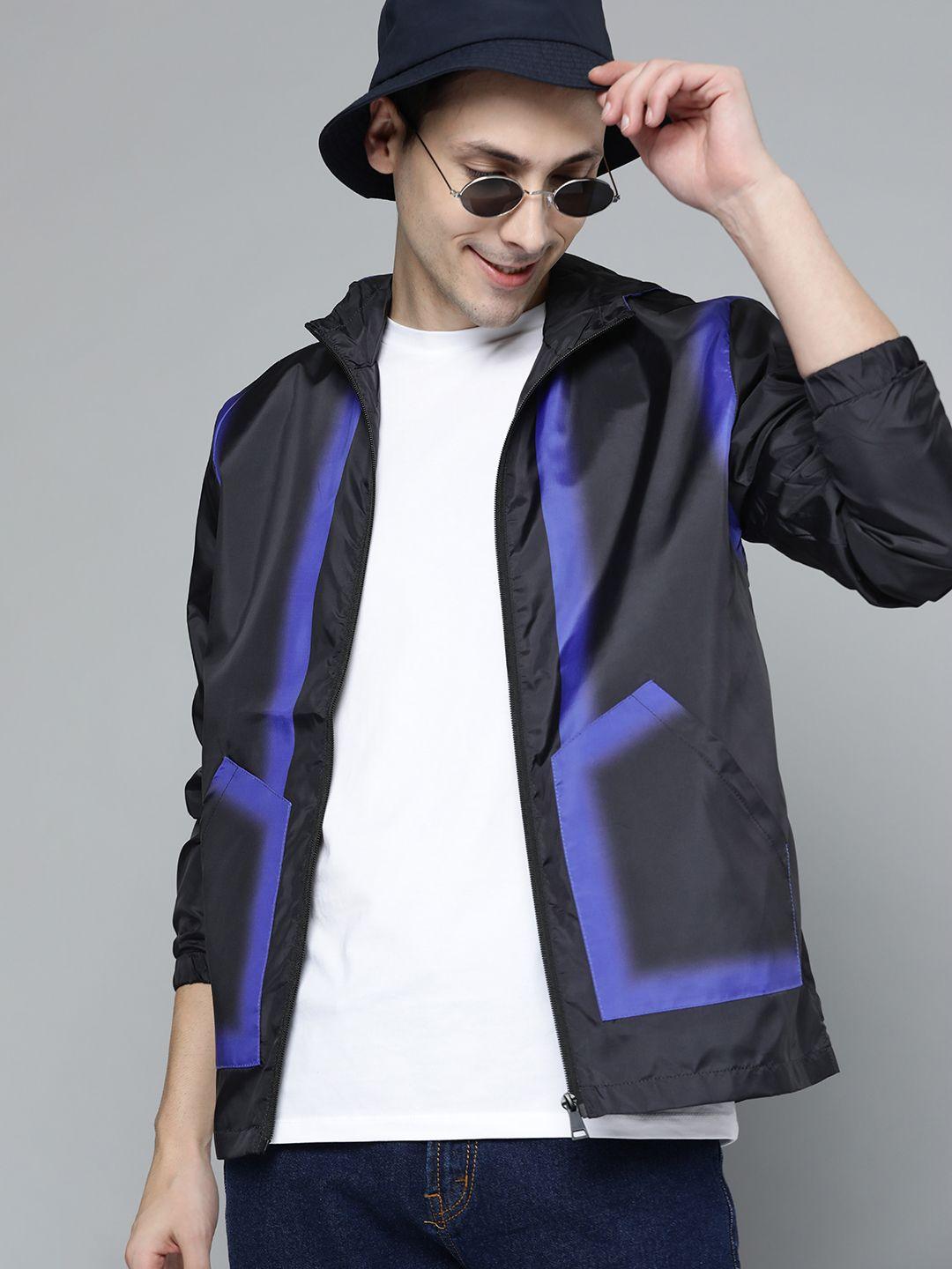 here&now men black & blue hooded tailored jacket