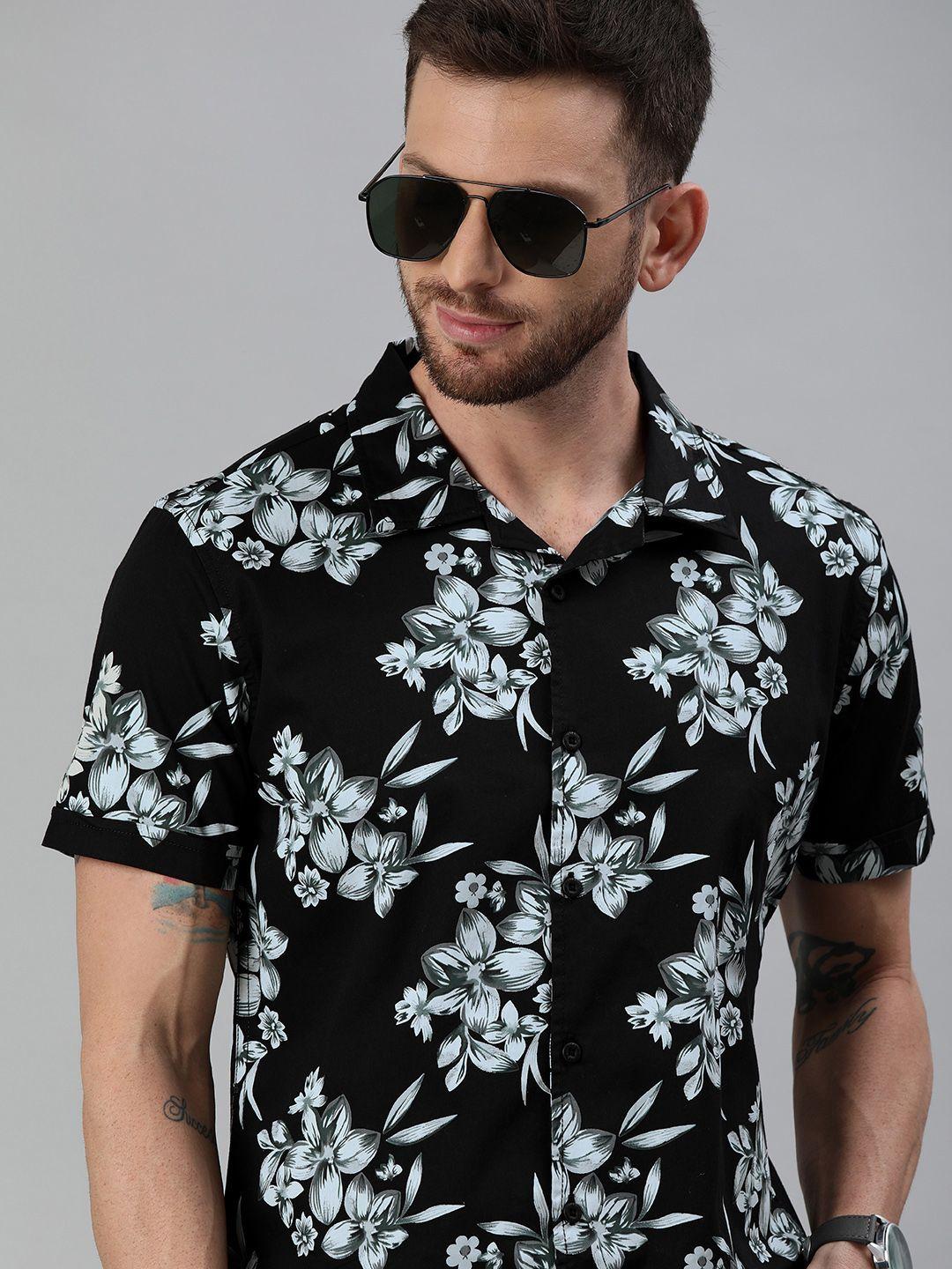 here&now men black & blue slim fit floral printed casual shirt