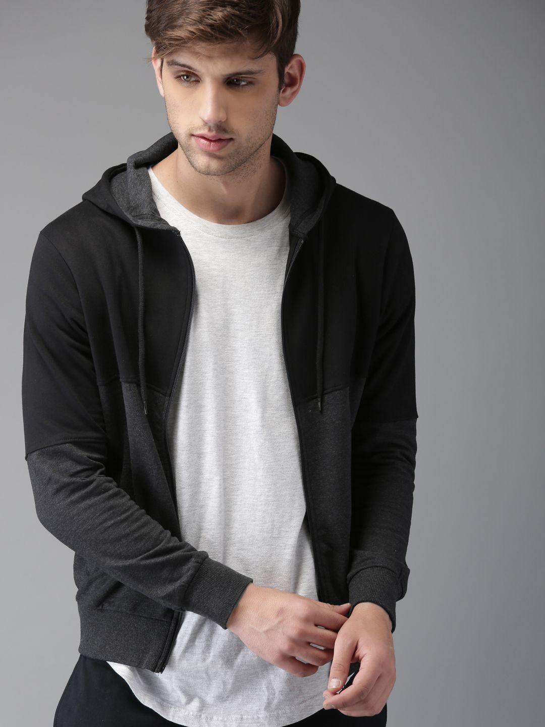 here&now men black & charcoal colourblocked hooded sweatshirt