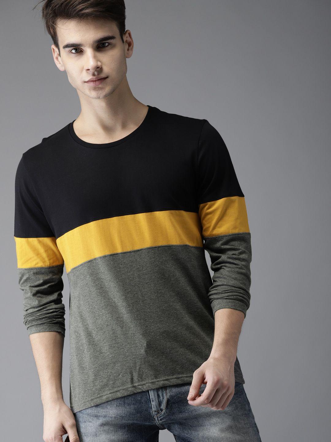 here&now men black & grey colourblocked round neck t-shirt