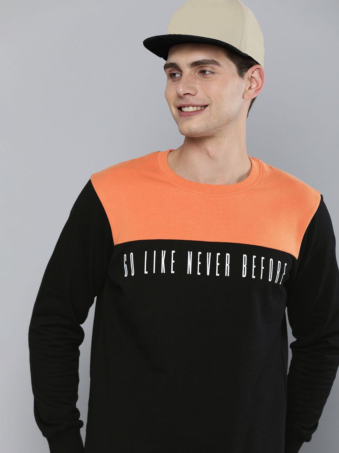 here&now men black & orange colourblocked pure cotton sweatshirt