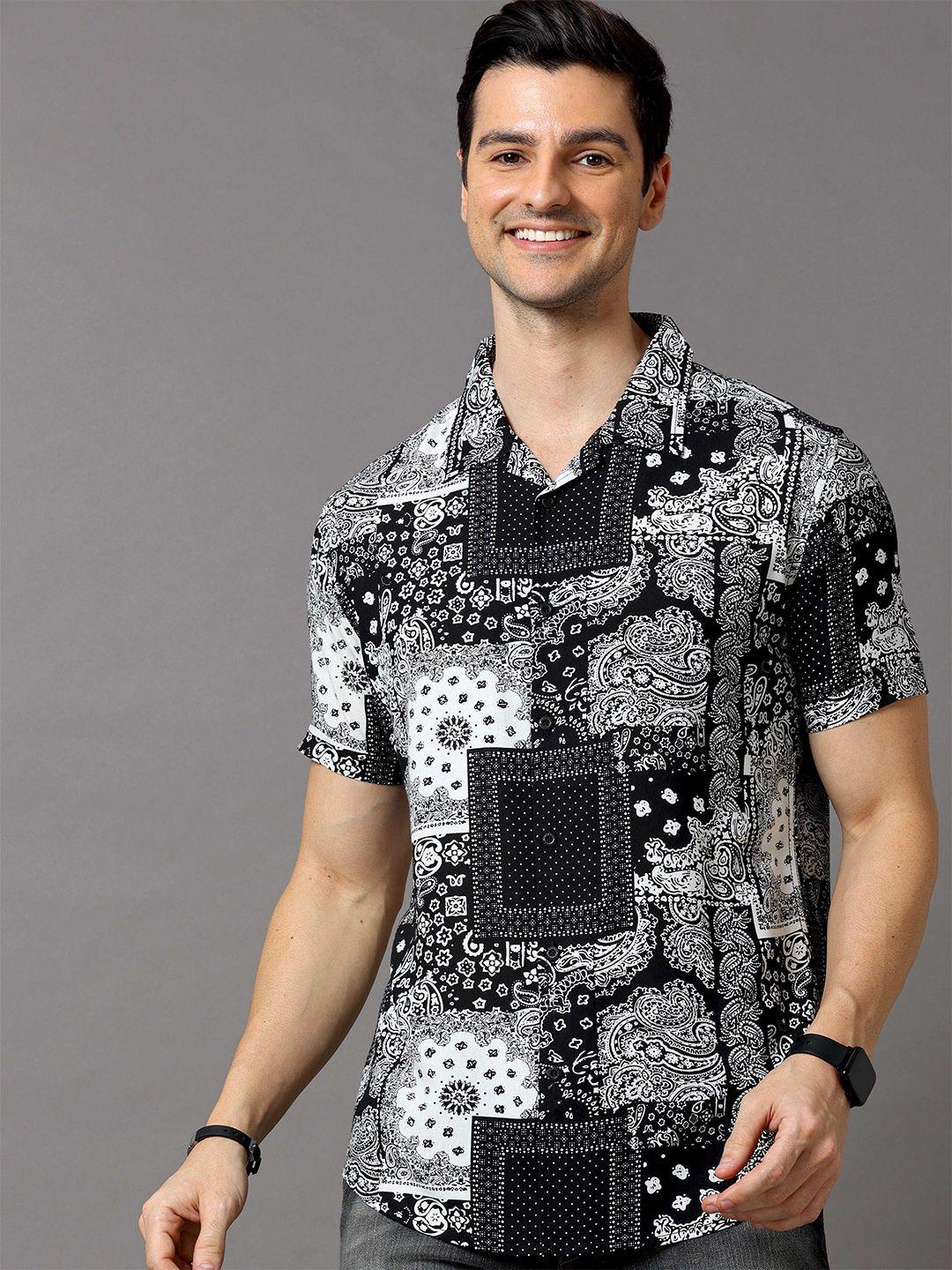 here&now men black & white printed short sleeves casual shirt