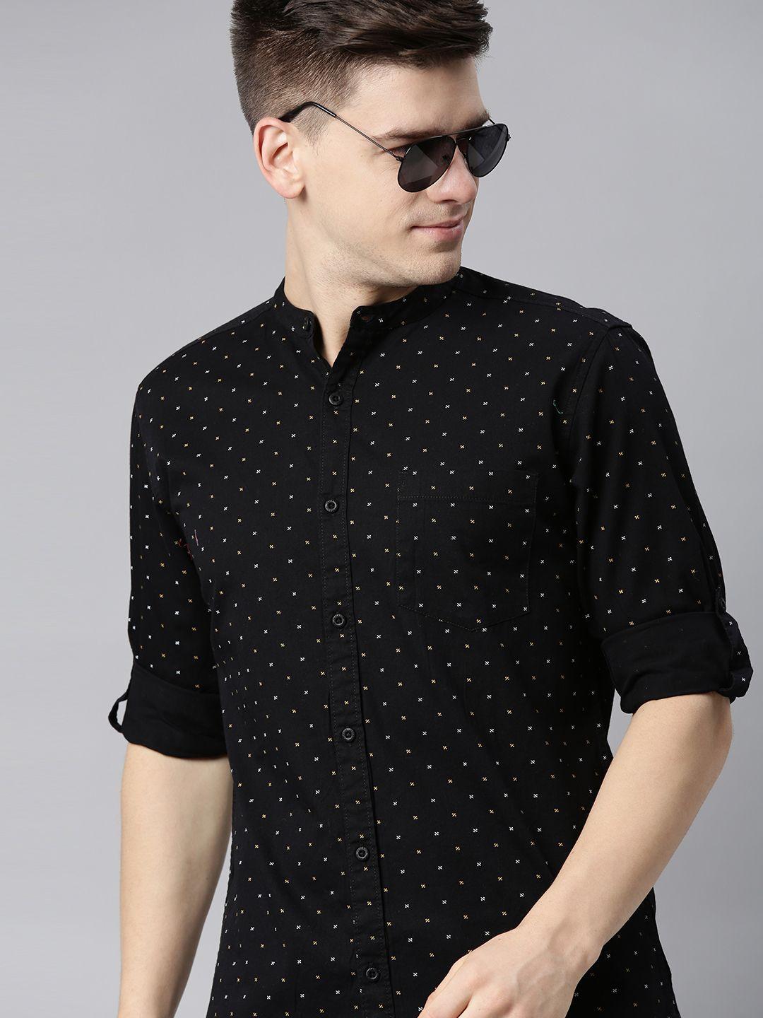 here&now men black & white slim fit printed casual shirt