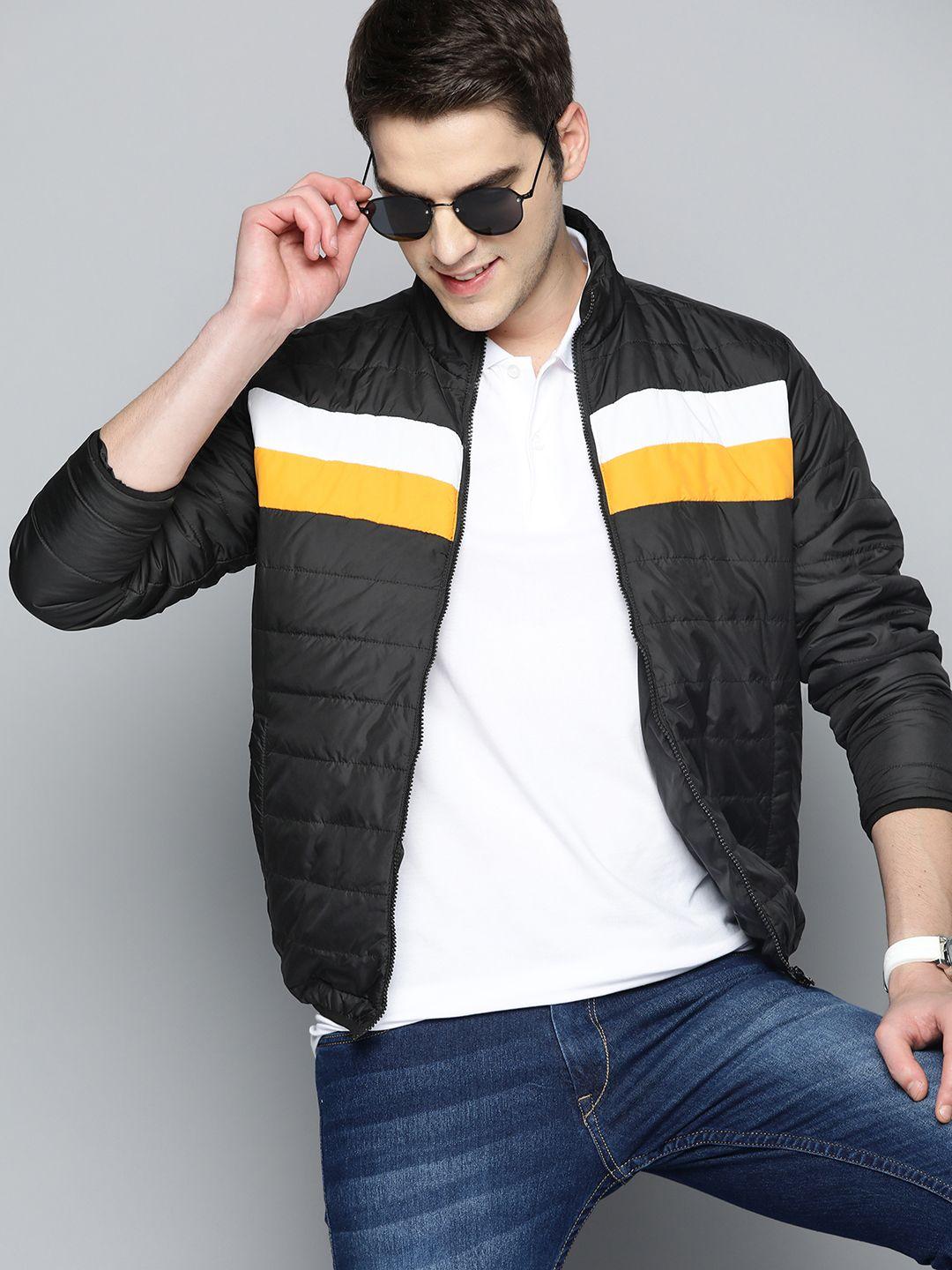 here&now men black & yellow striped padded jacket