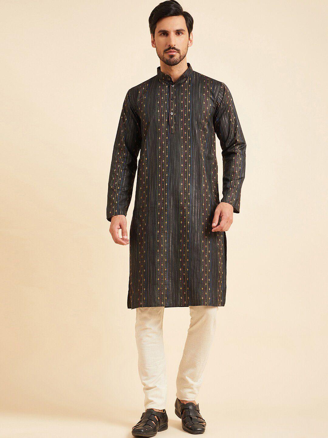 here&now men black geometric thread work kurta