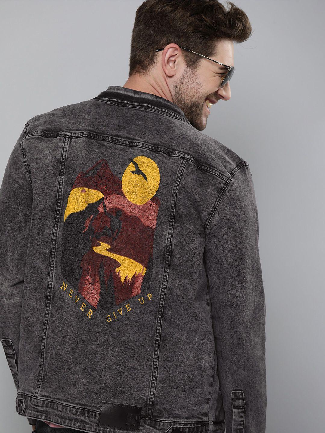 here&now men black printed denim jacket