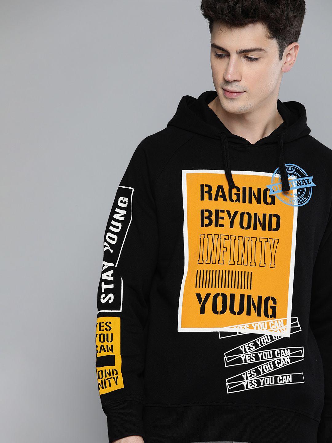 here&now men black printed hooded pullover sweatshirt