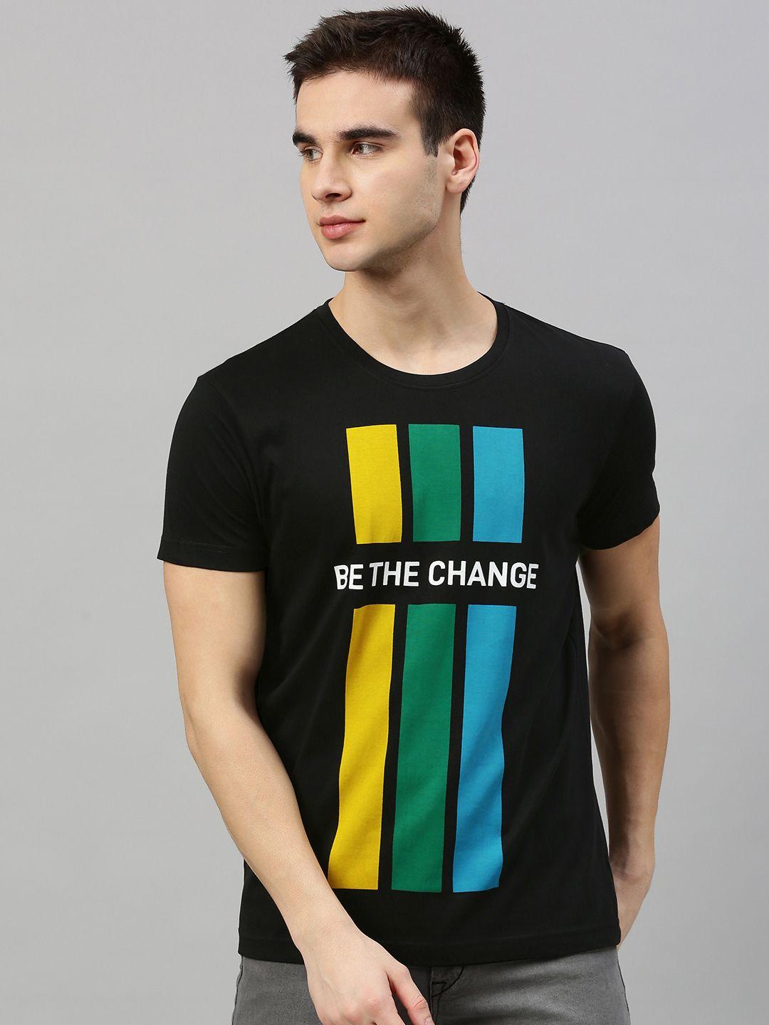 here&now men black printed round neck t-shirt