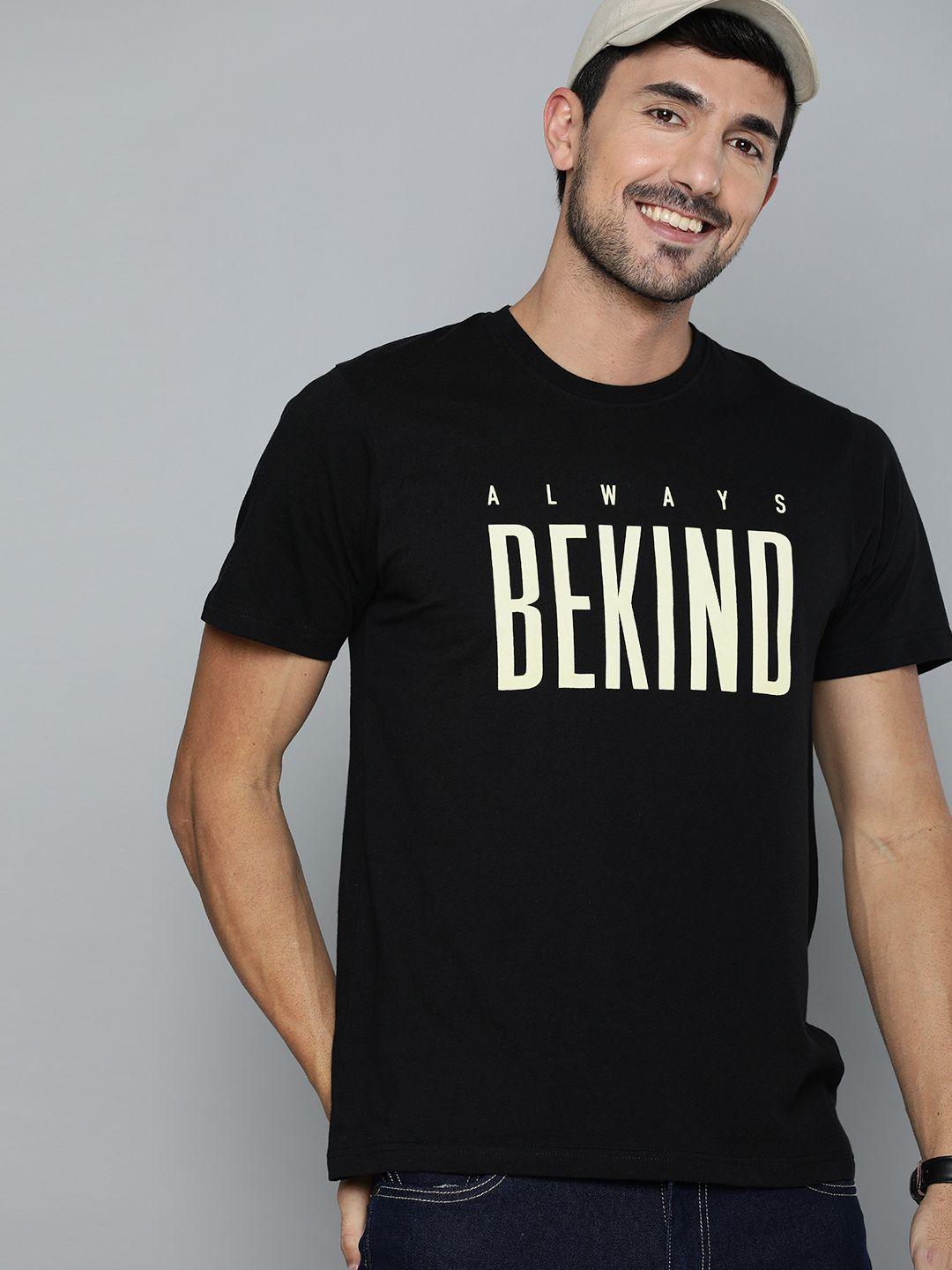 here&now men black printed round neck t-shirt