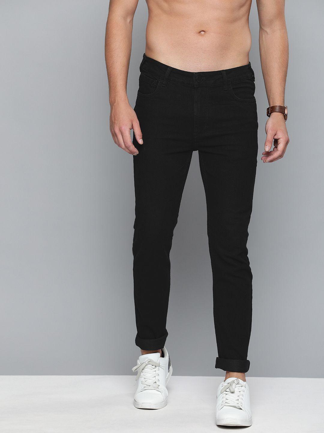 here&now men black skinny fit mid-rise clean look stretchable jeans