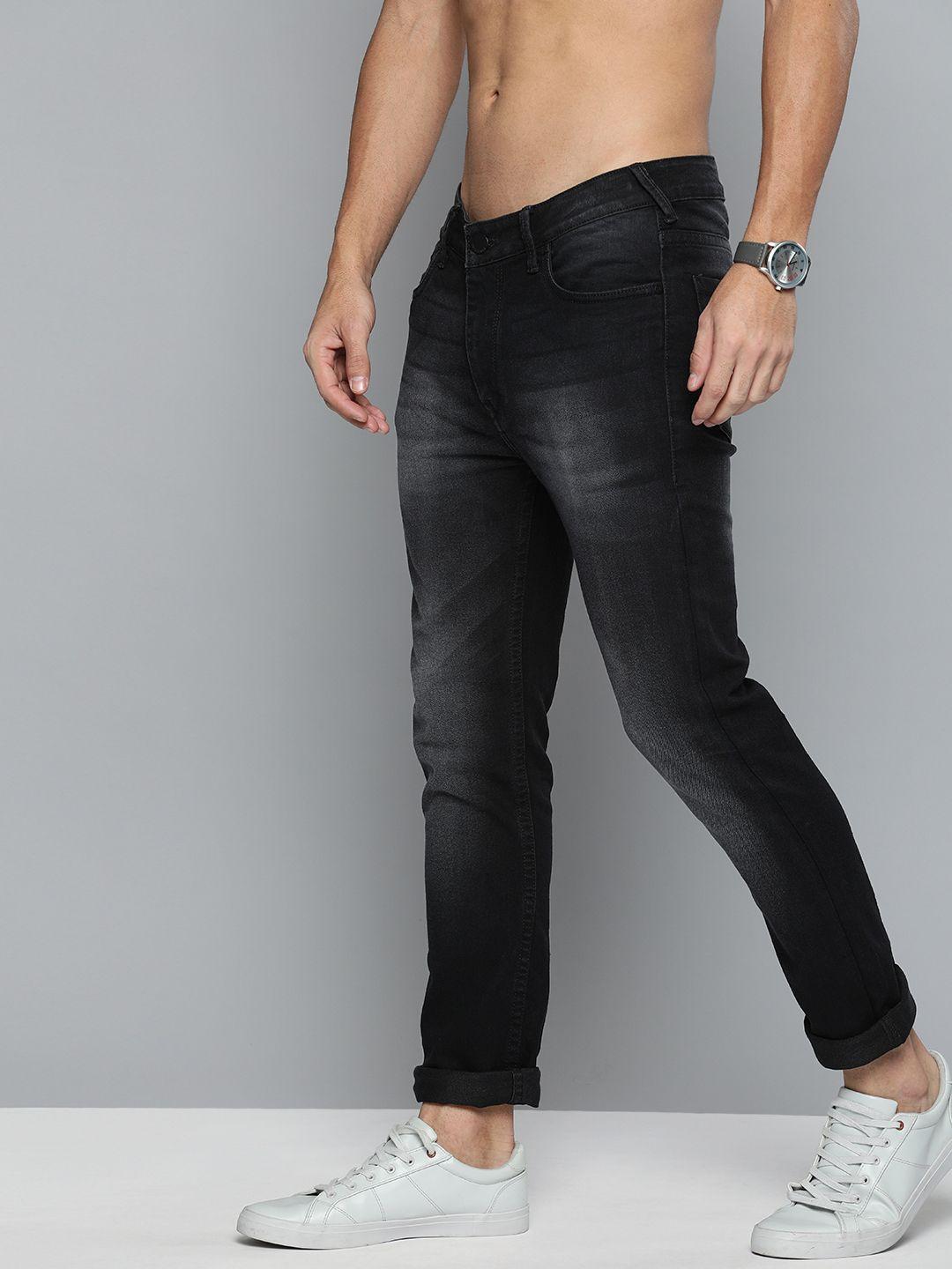 here&now men black skinny fit mid-rise clean look stretchable jeans