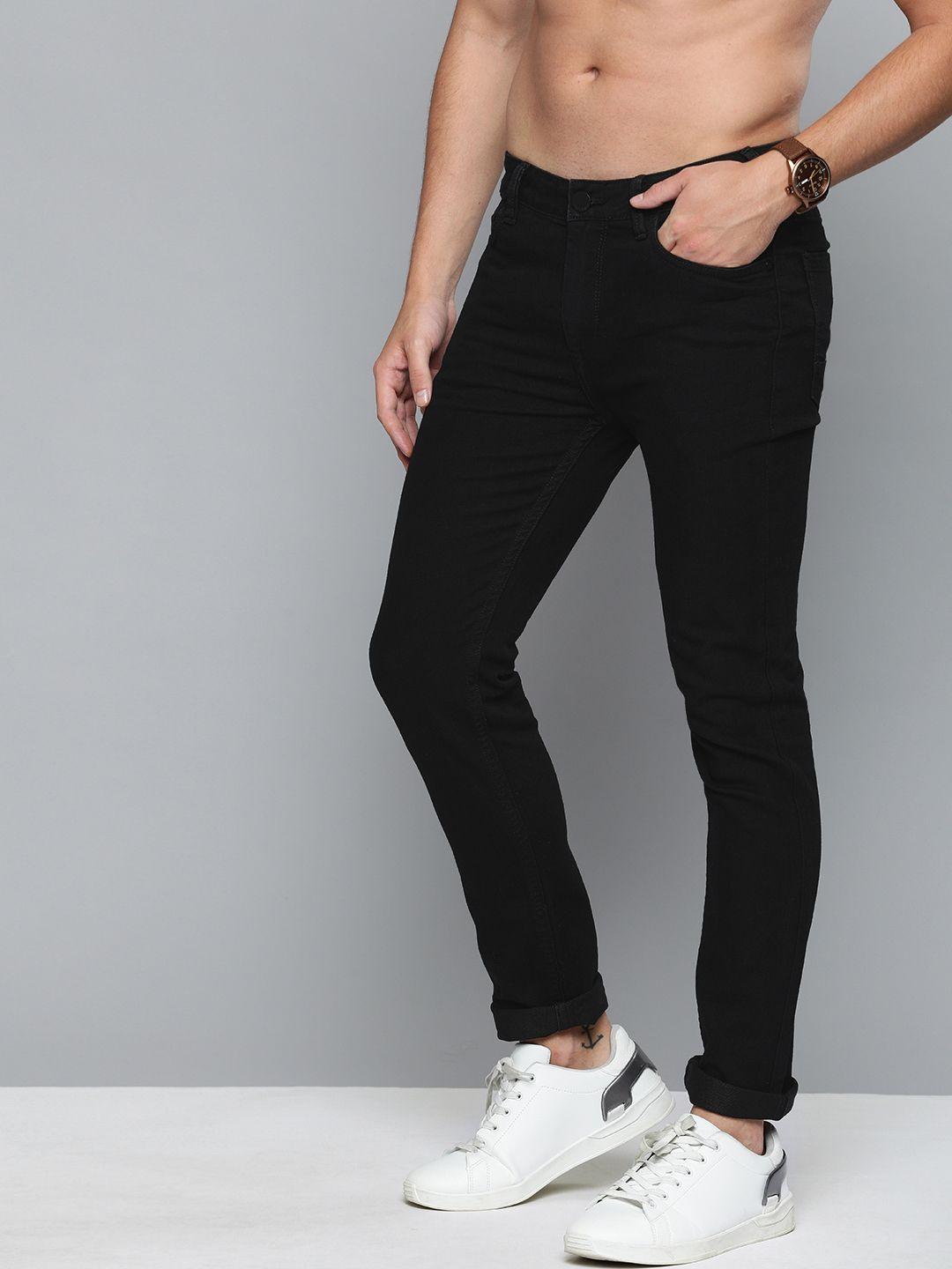 here&now men black skinny fit mid-rise clean look stretchable jeans