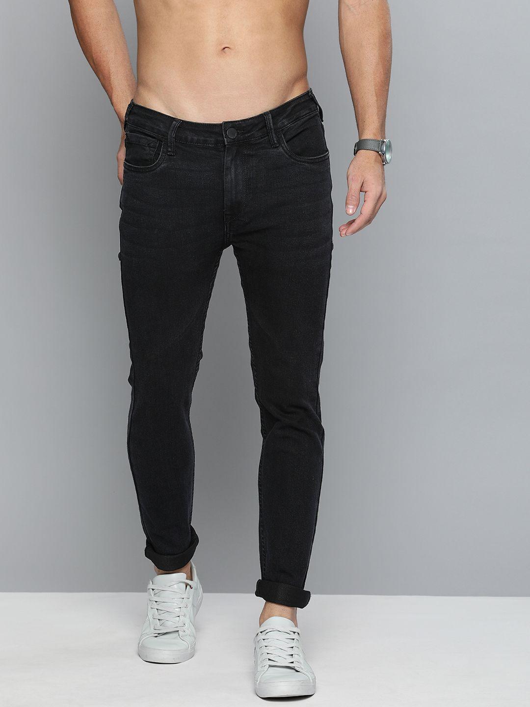 here&now men black skinny fit mid-rise clean look stretchable jeans