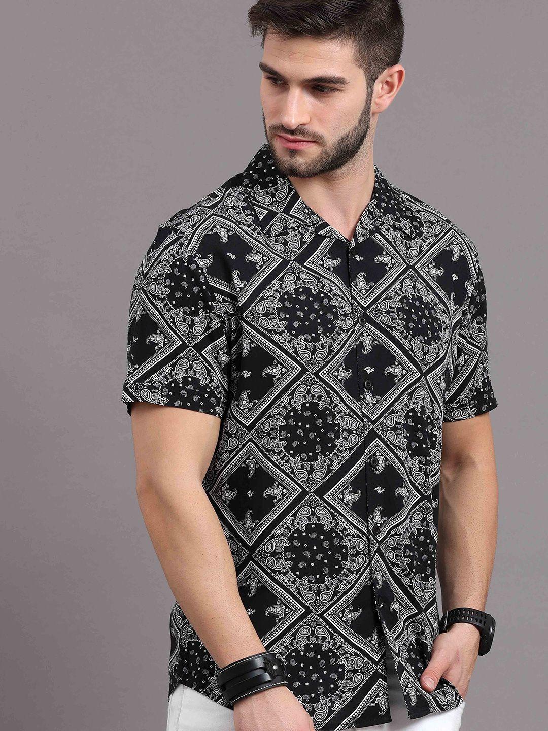 here&now men black slim fit ethnic printed casual shirt