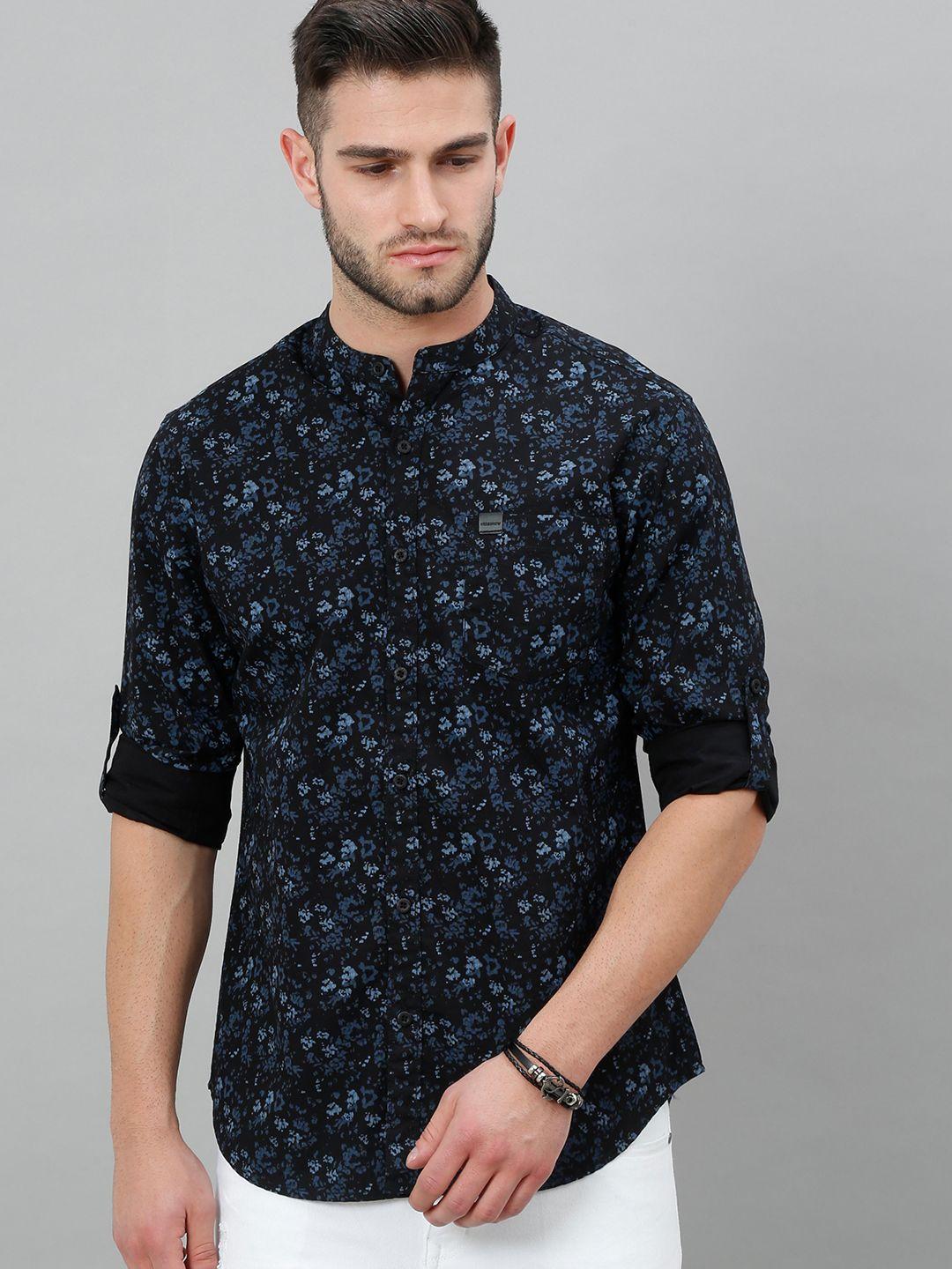 here&now men black slim fit floral printed cotton casual shirt