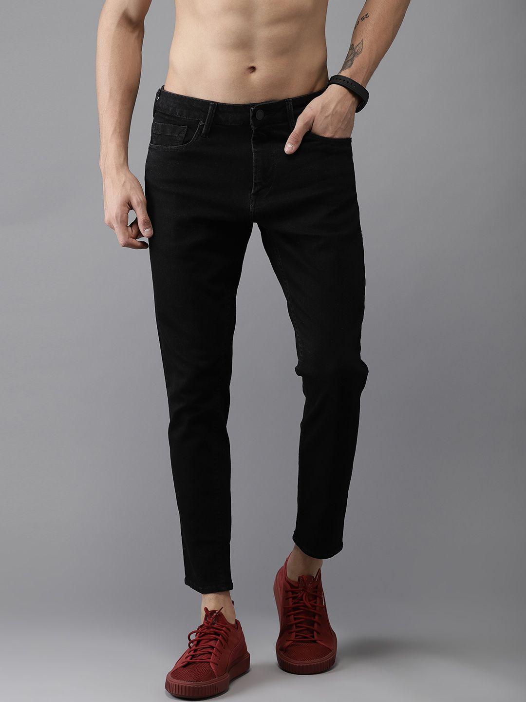 here&now men black slim fit mid-rise cropped clean look stretchable jeans