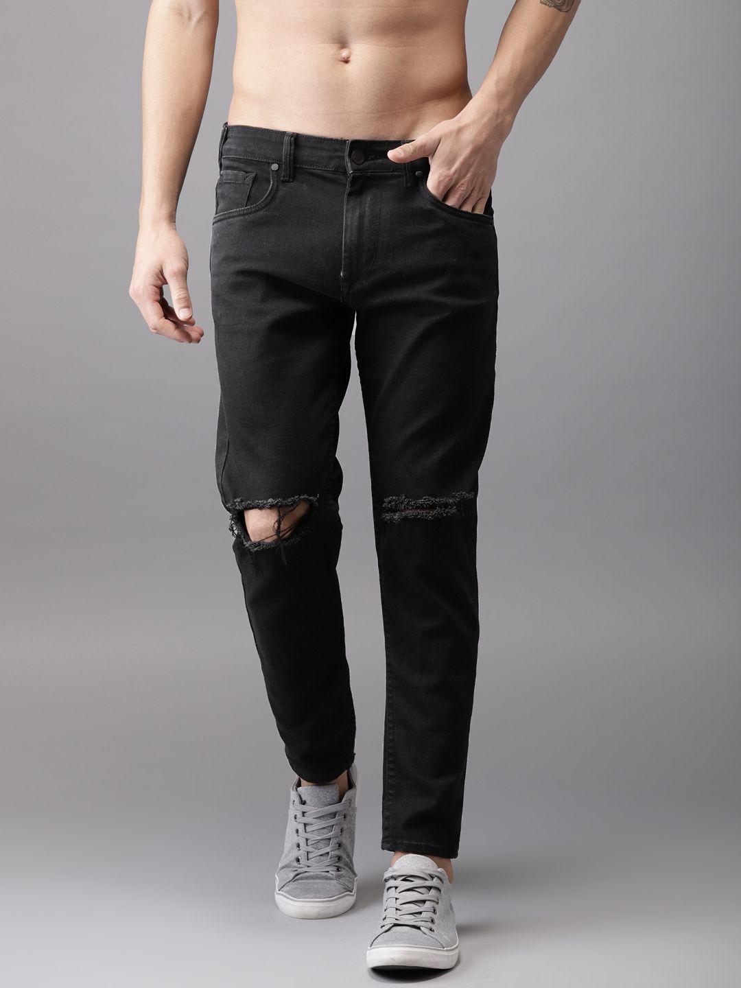 here&now men black slim fit mid-rise cropped slash knee stretchable jeans