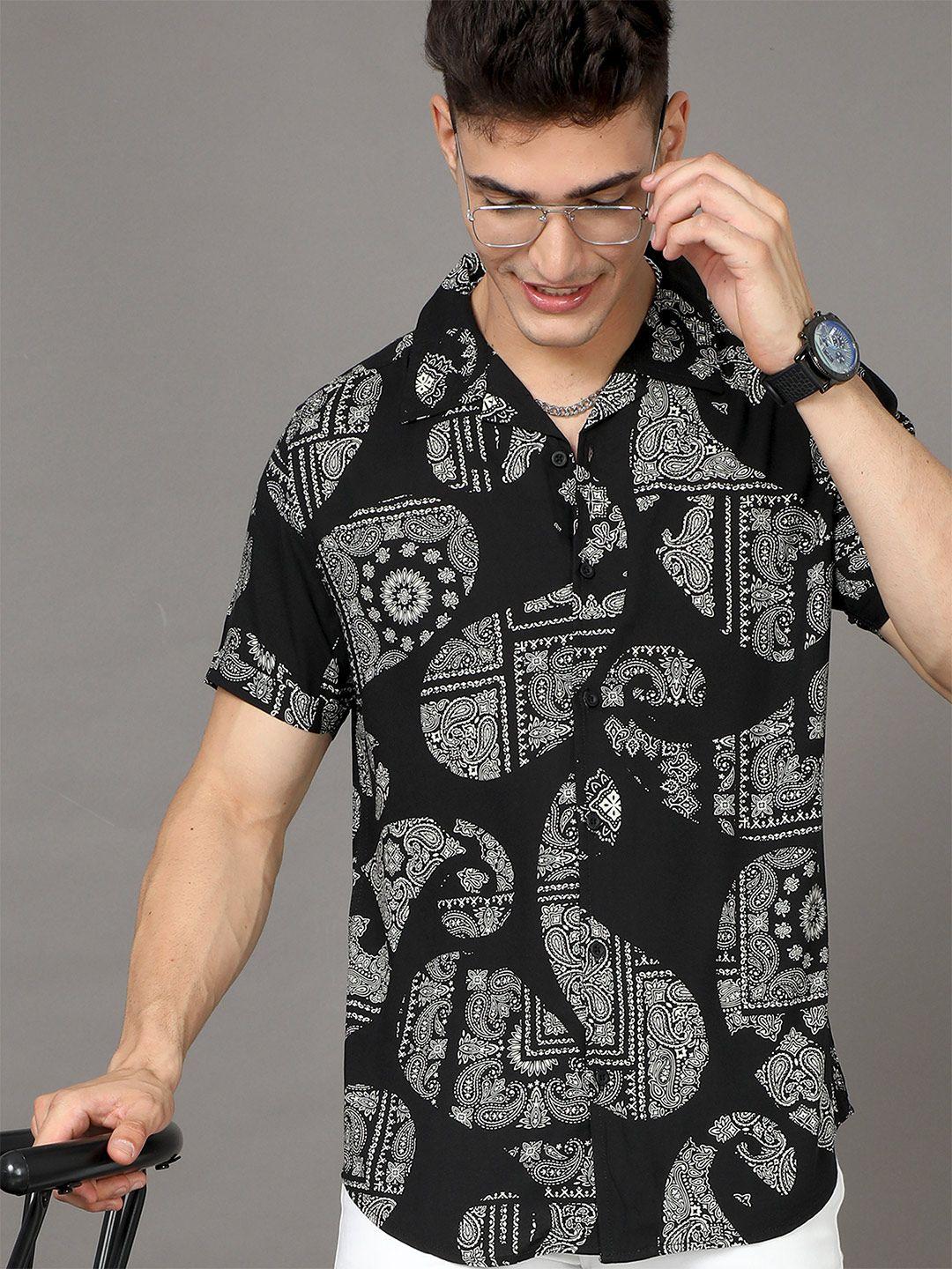 here&now men black slim fit opaque printed casual shirt