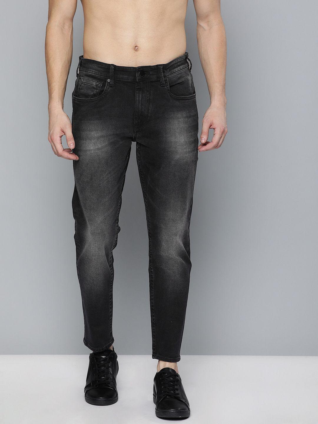 here&now men black slim tapered fit mid-rise clean look stretchable ankle length jeans