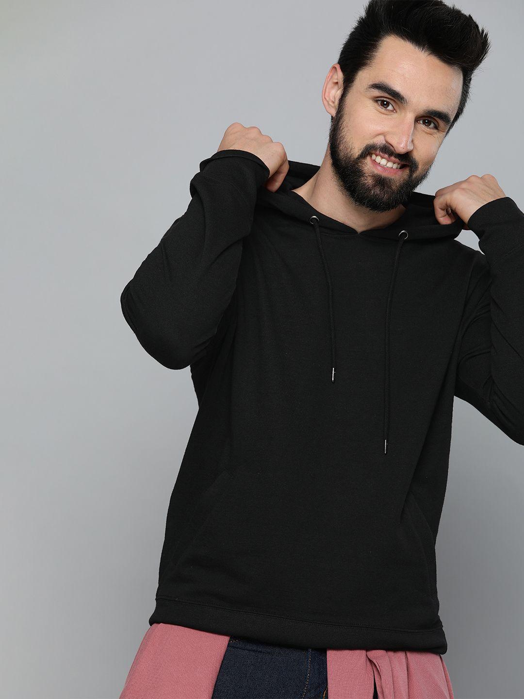 here&now men black solid knitted hooded sweatshirt