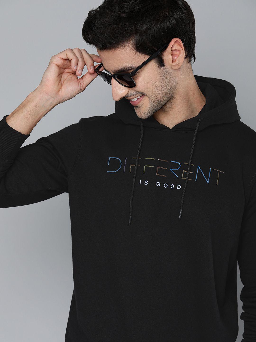 here&now men black typography printed hooded pullover sweatshirt