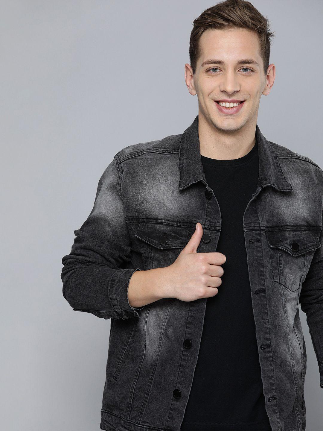 here&now men black washed denim jacket