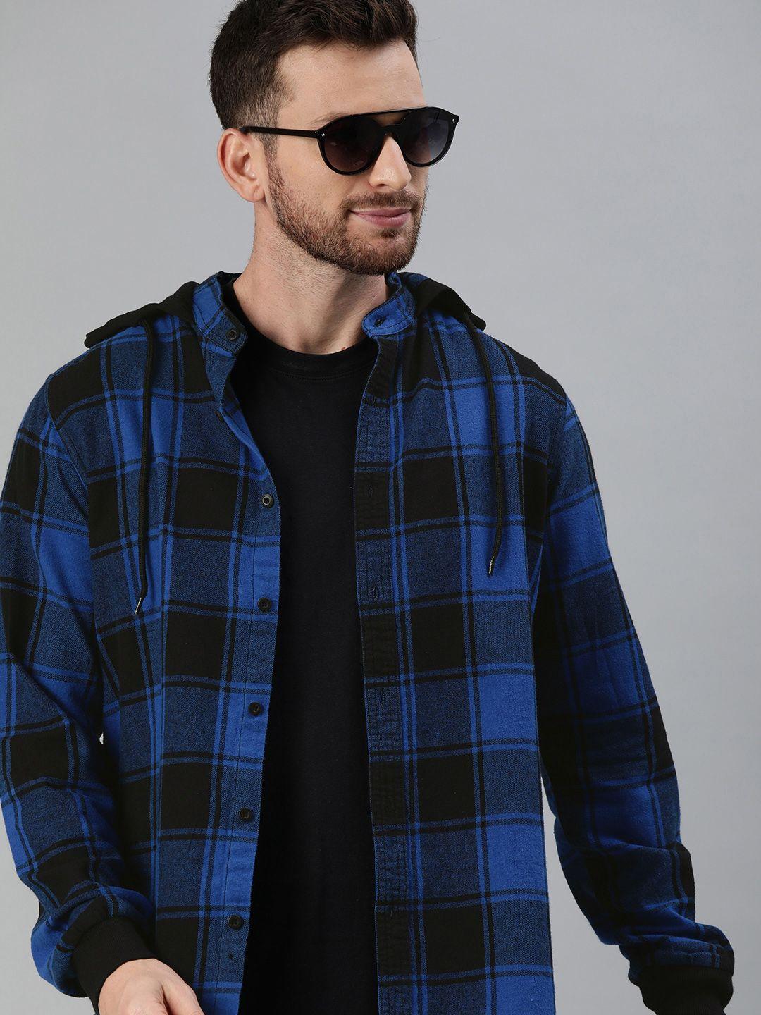 here&now men blue & black slim fit checked hooded casual shirt