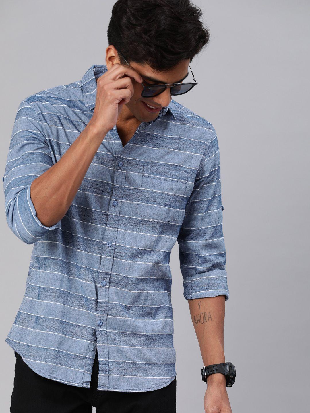 here&now men blue & white slim fit striped casual shirt