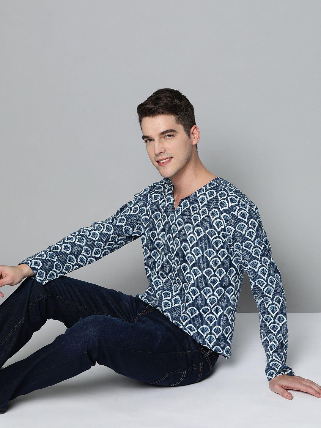 here&now men blue ethnic motifs printed kurta