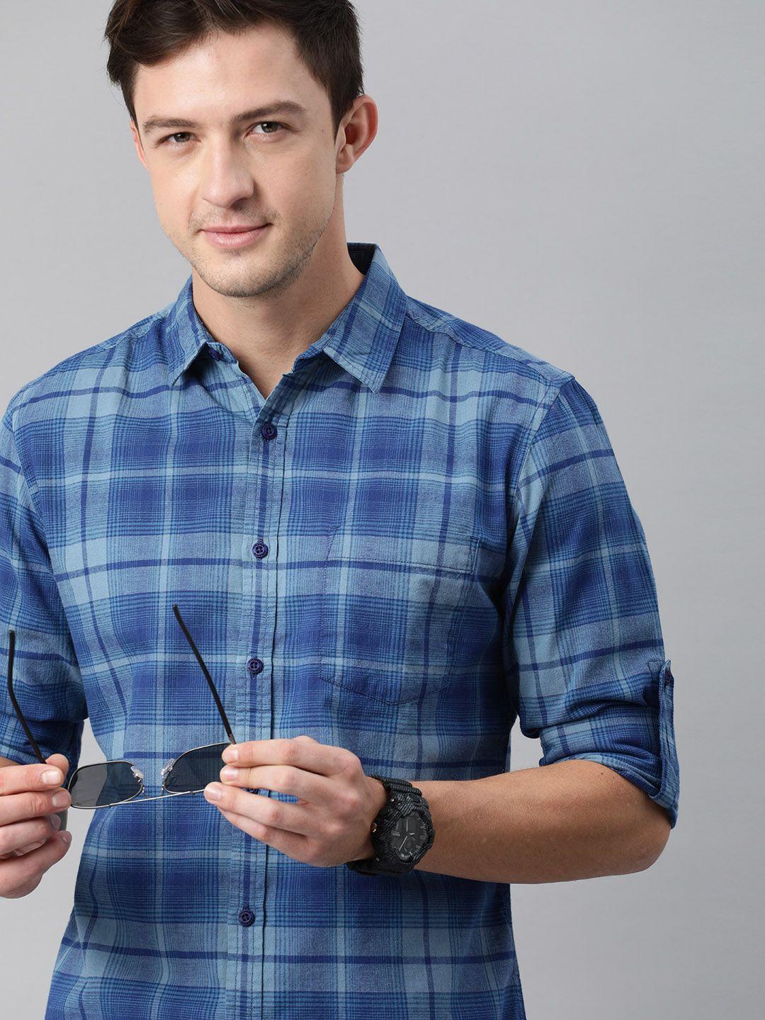 here&now men blue pure cotton checked casual shirt