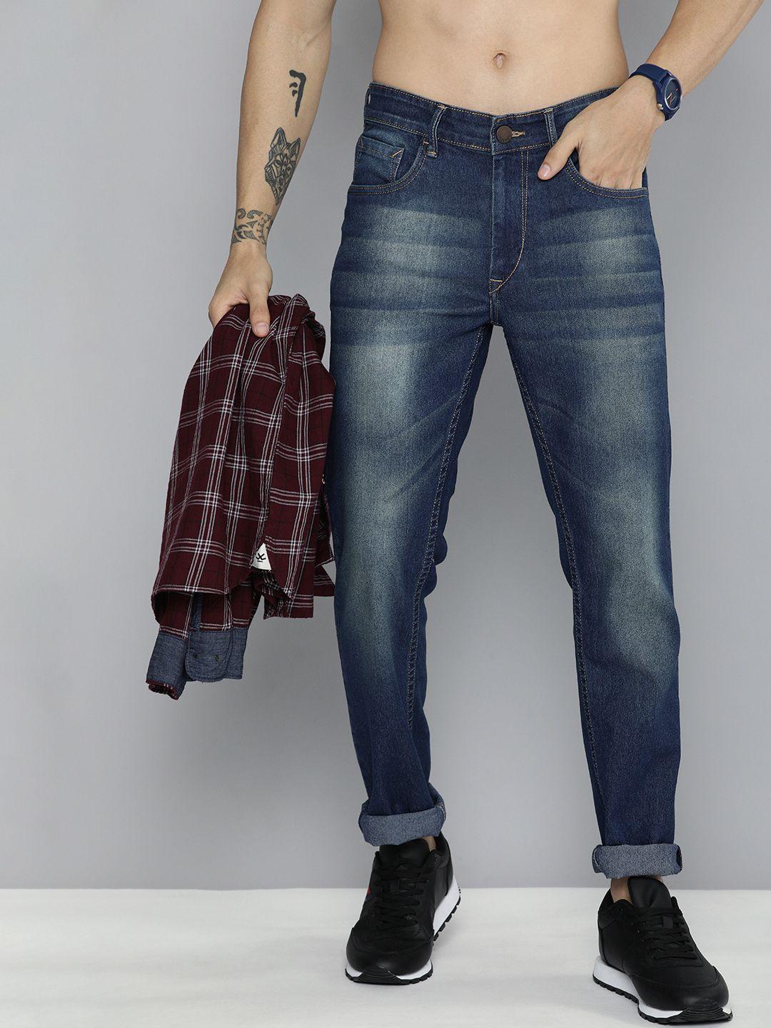 here&now men blue slim fit mid-rise heavy fade jeans