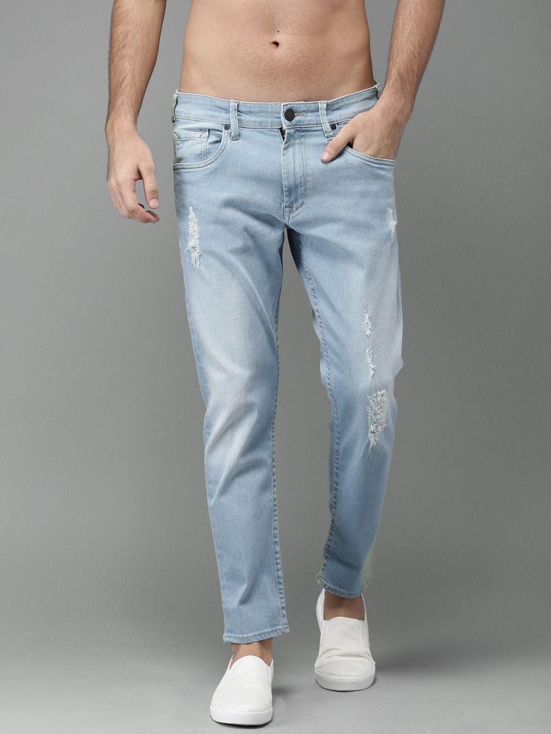 here&now men blue slim fit mid-rise mildly distressed stretchable cropped jeans