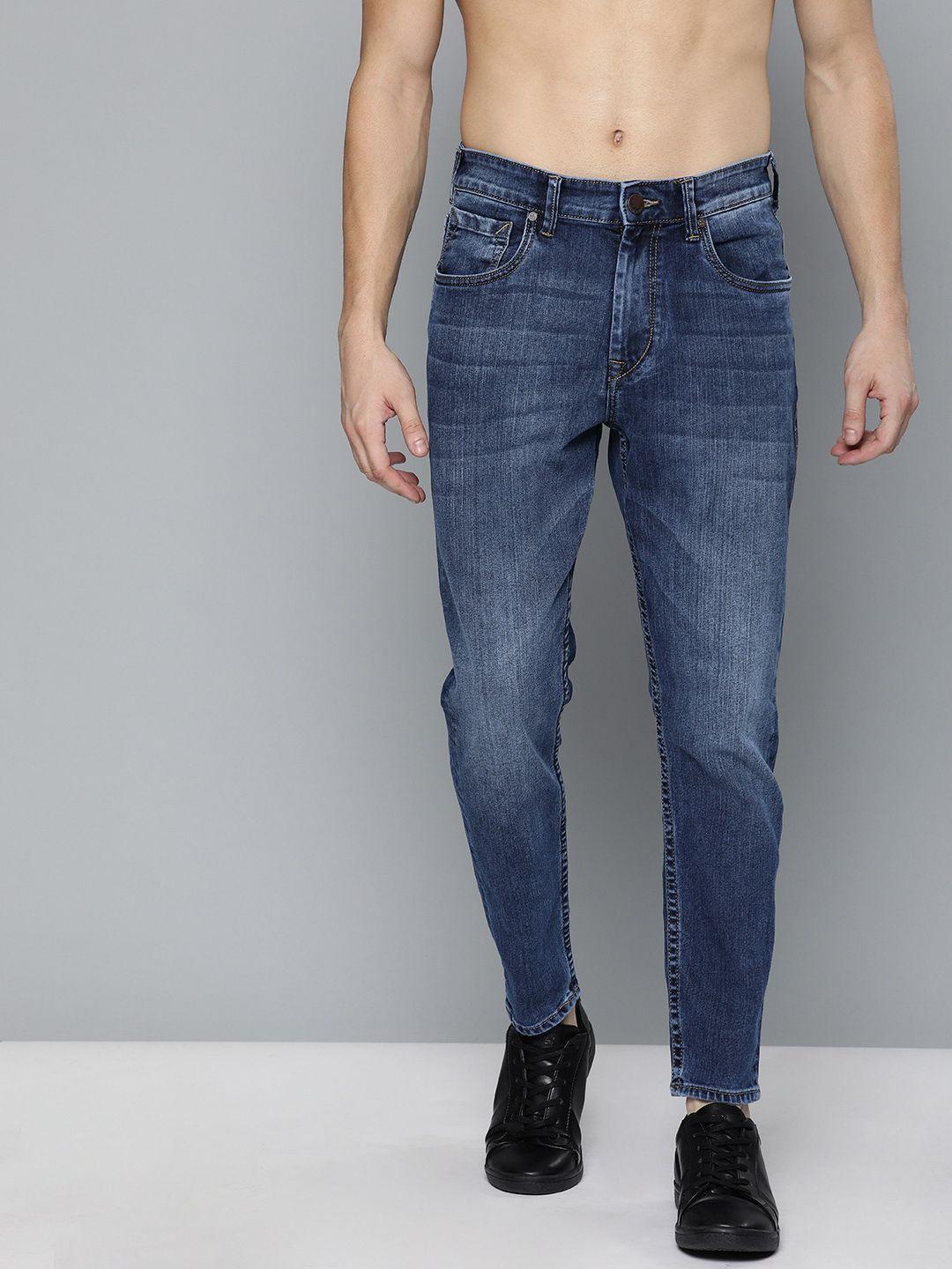 here&now men blue slim tapered fit mid-rise clean look stretchable ankle length jeans