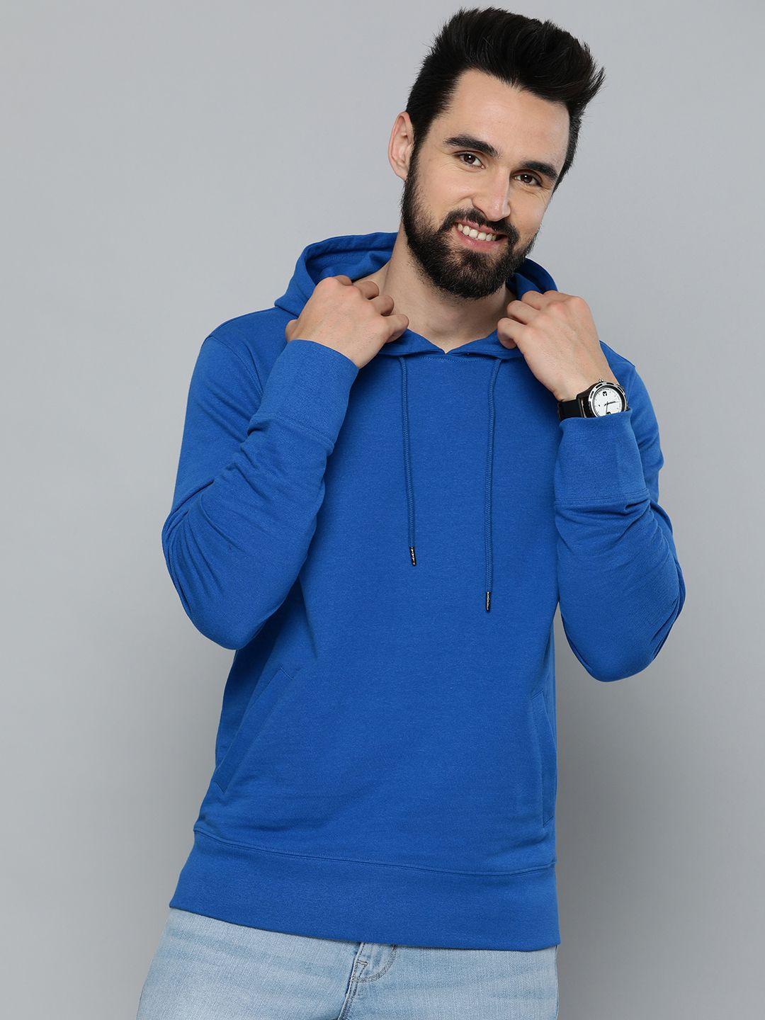 here&now men blue solid knitted hooded sweatshirt