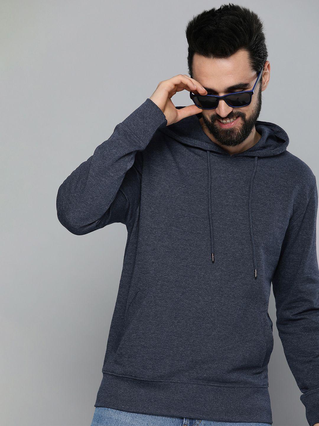 here&now men blue solid knitted hooded sweatshirt