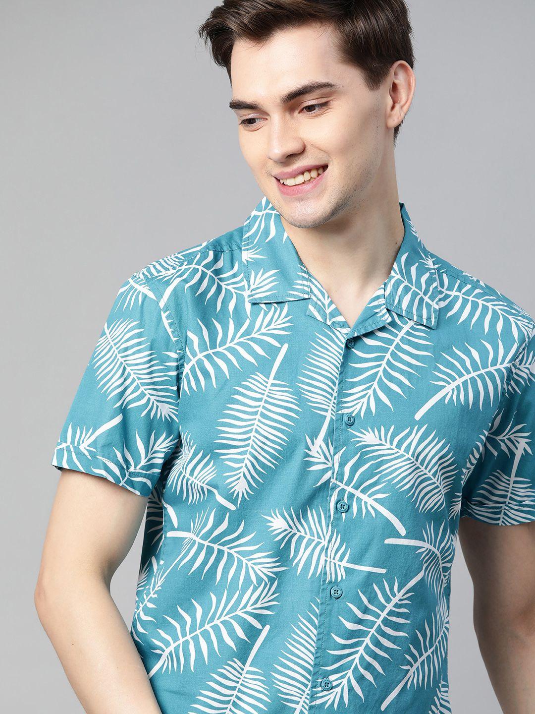 here&now men blue tropical printed pure cotton slim fit casual shirt