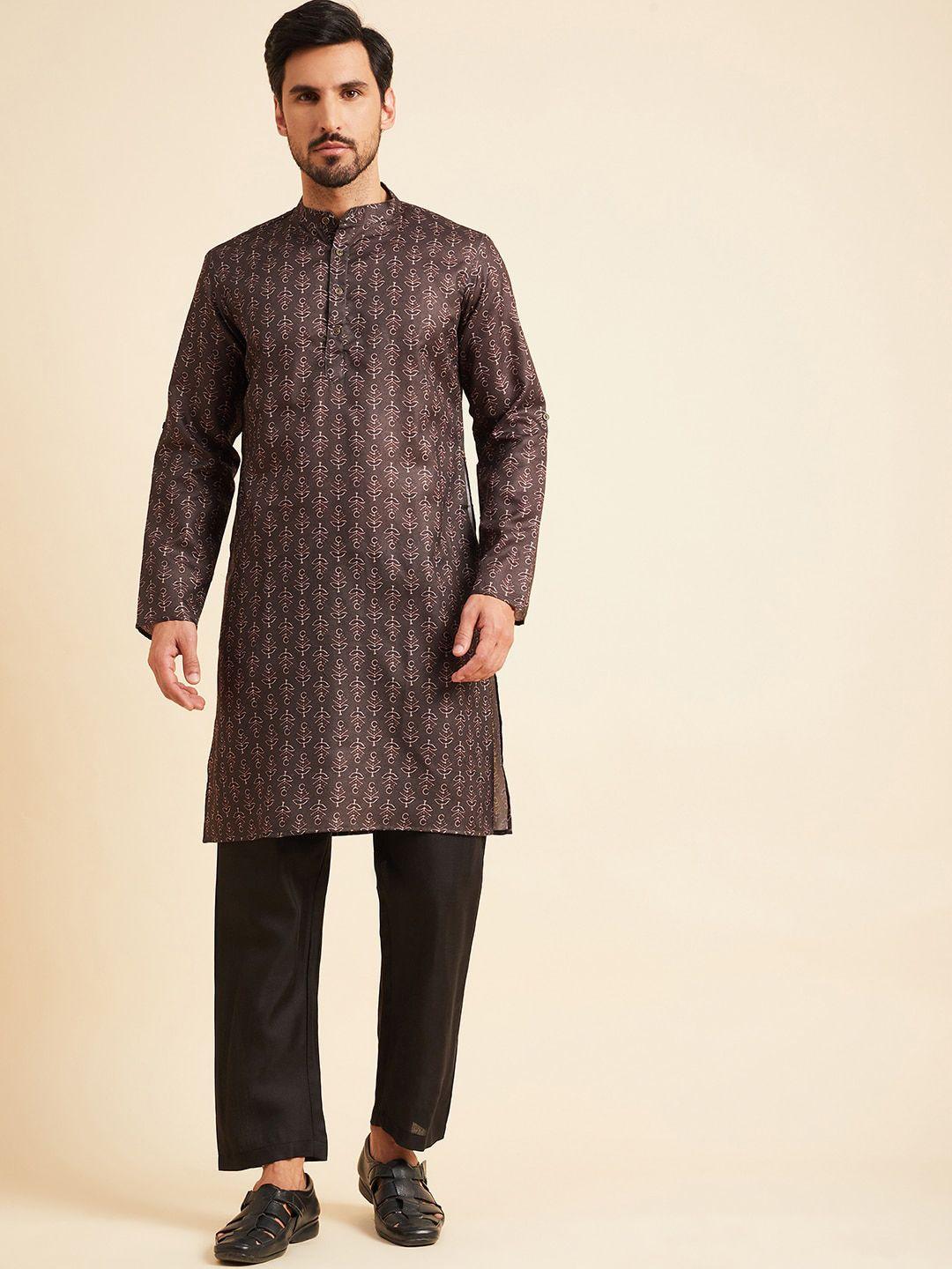 here&now men brown ethnic motifs printed regular kurta with pyjamas