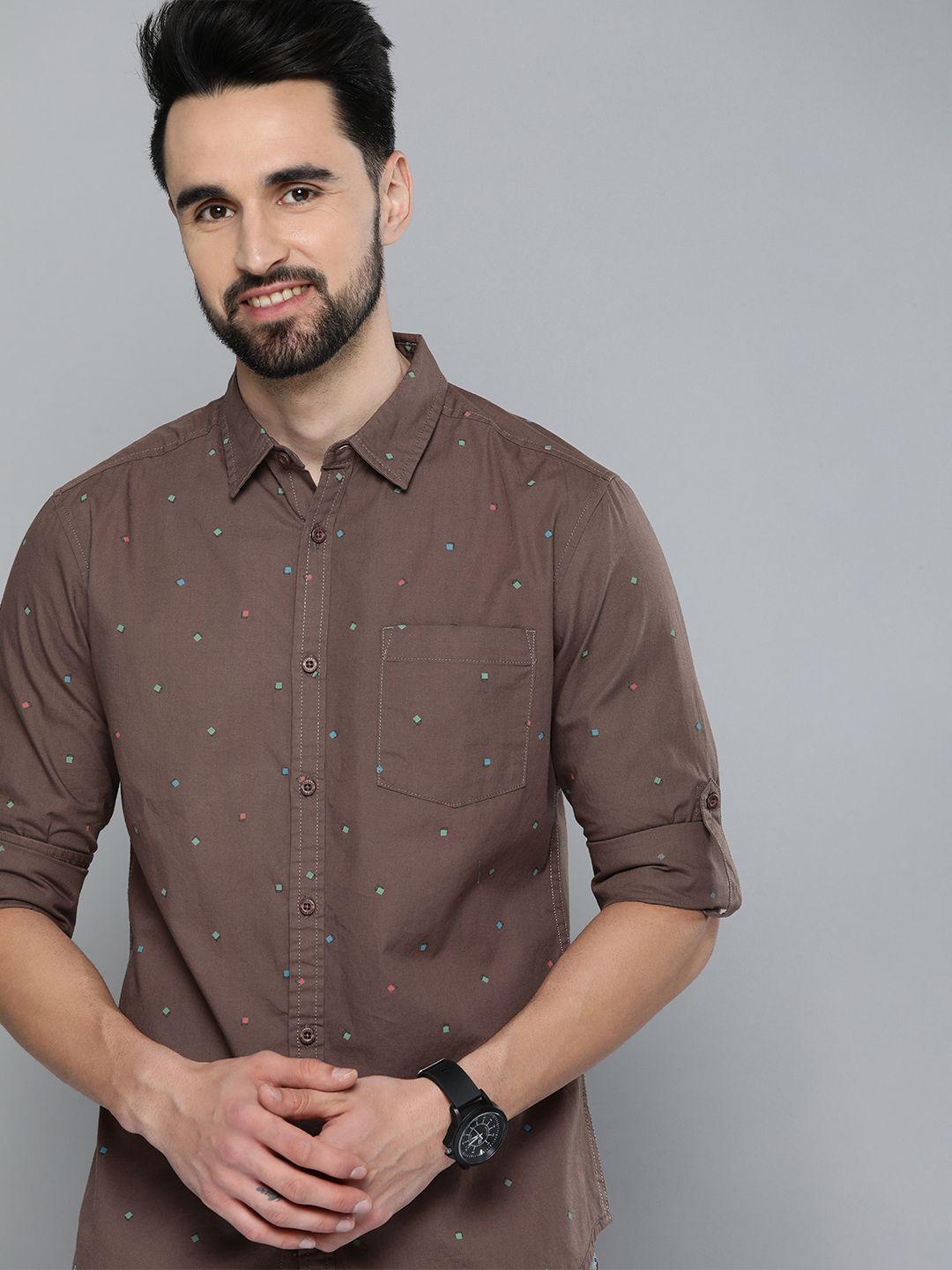 here&now men brown slim fit printed casual shirt