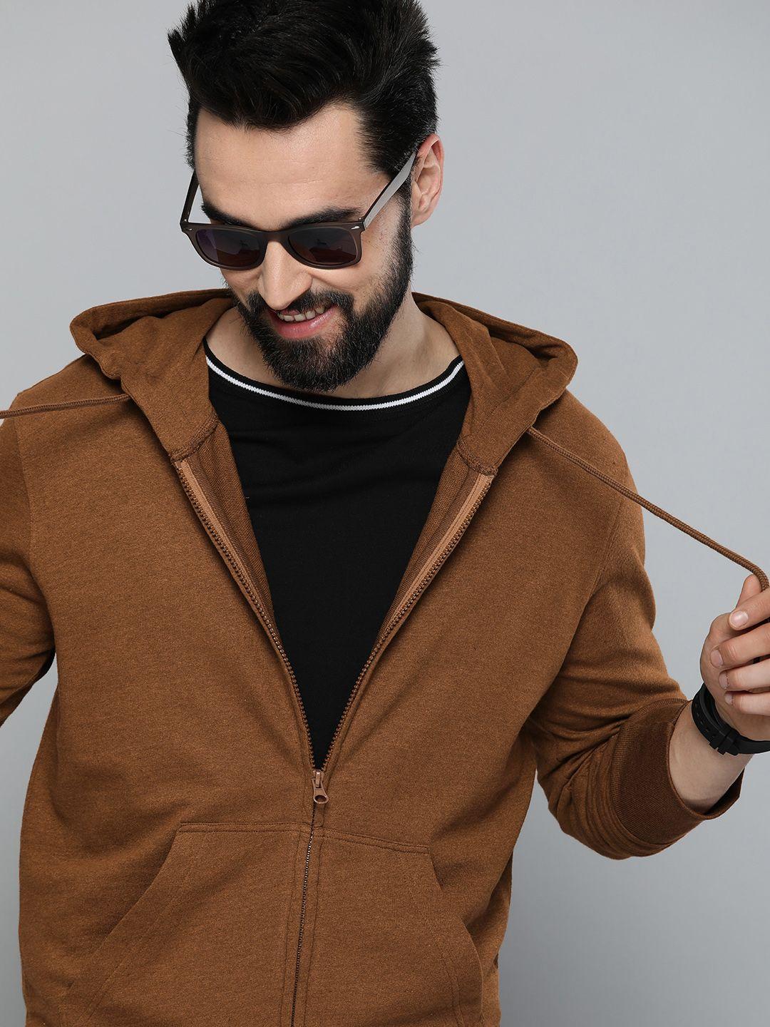 here&now men brown solid knitted hooded sweatshirt