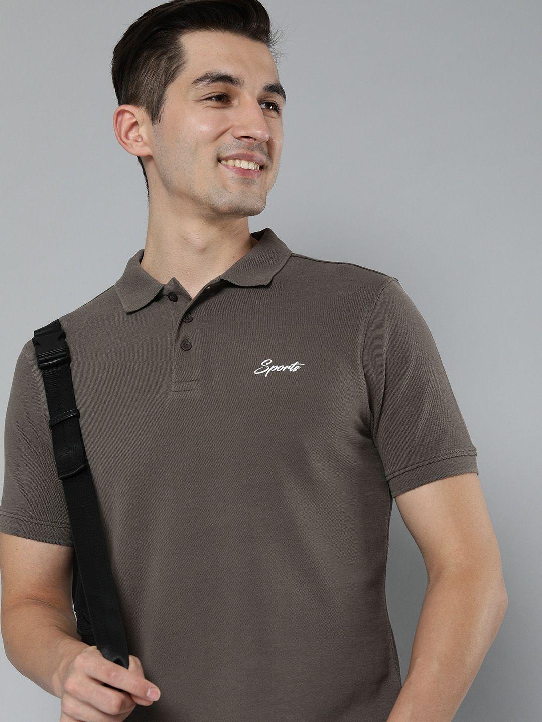 here&now men brown solid polo collar pure cotton t-shirt