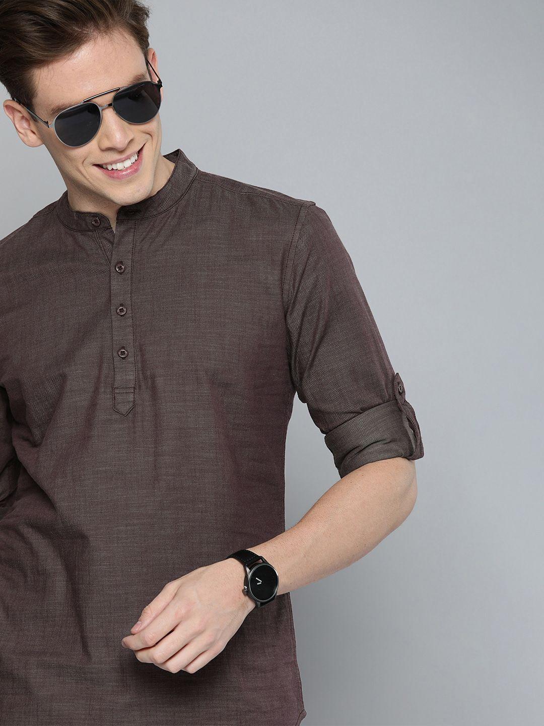 here&now men brown solid straight kurta