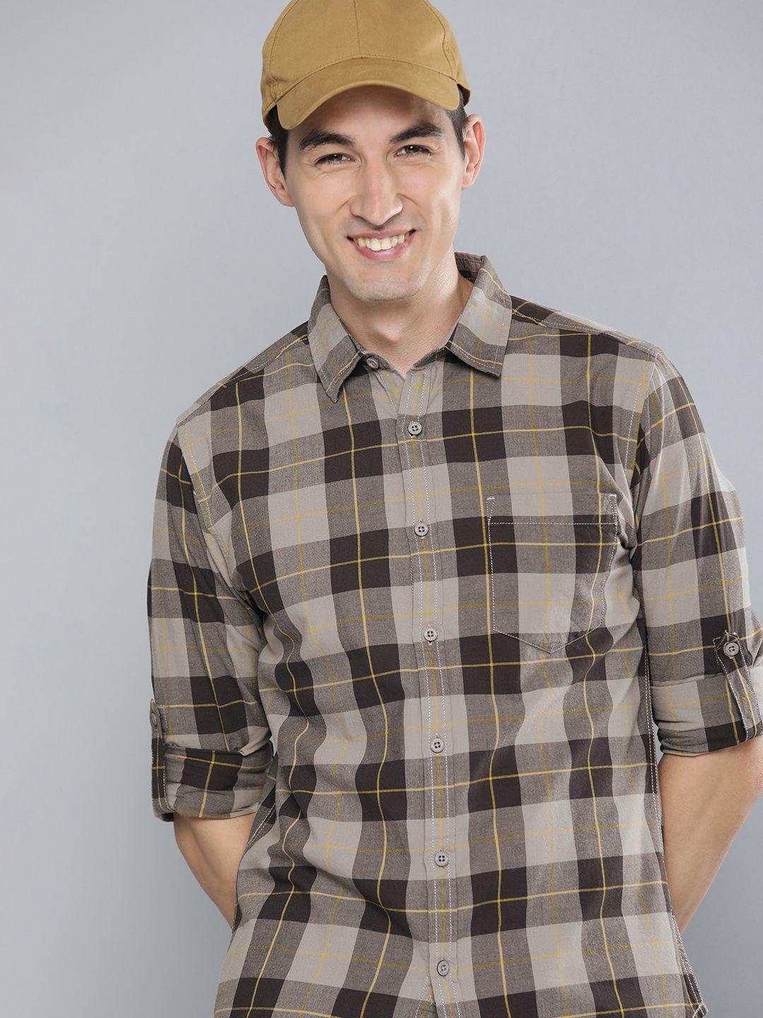 here&now men charcoal grey & yellow slim fit checked sustainable casual pure cotton shirt