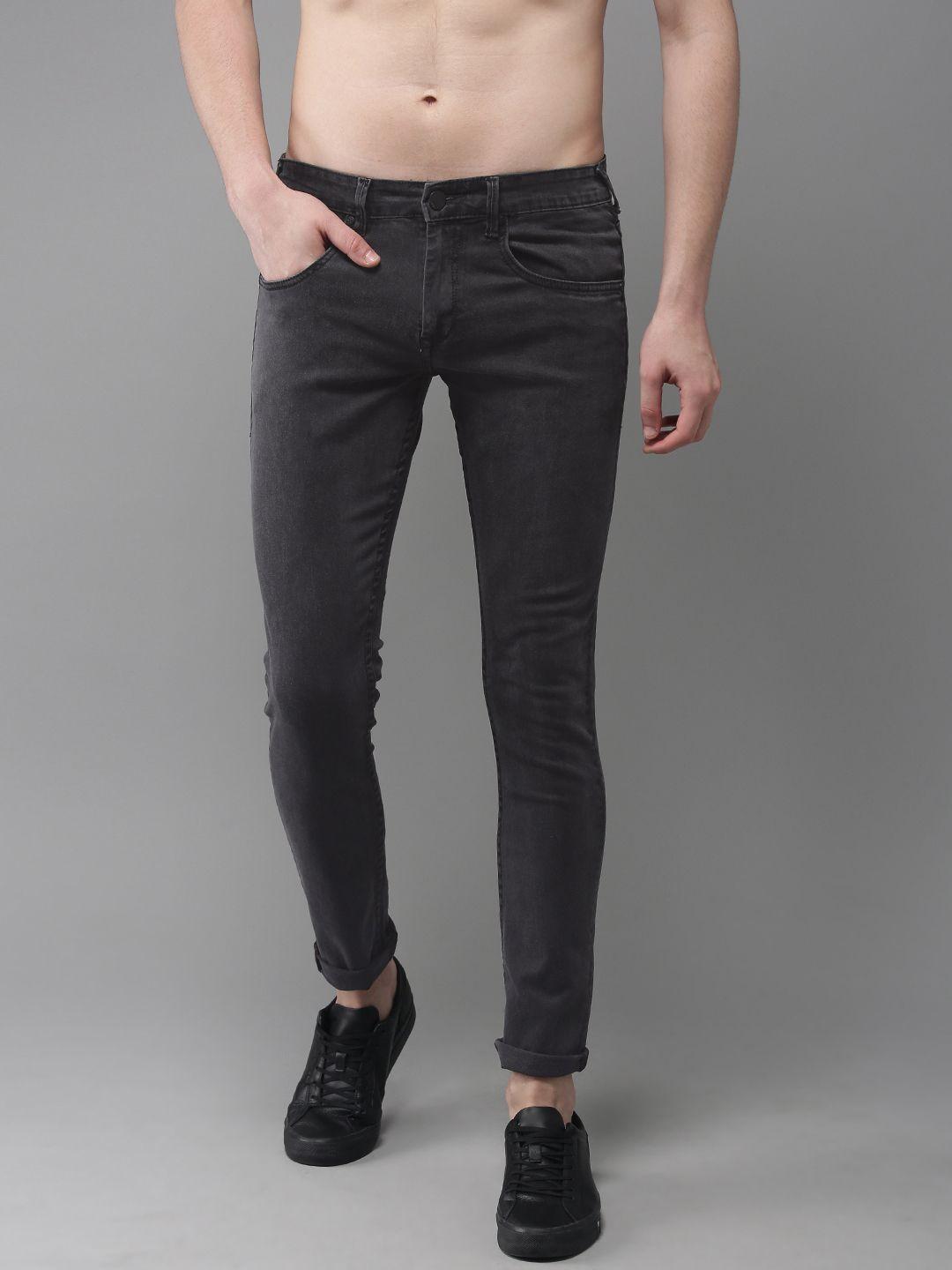 here&now men charcoal grey skinny fit mid-rise clean look stretchable jeans