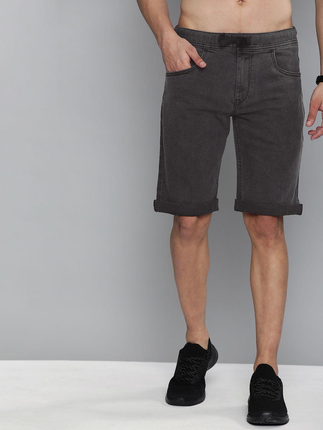 here&now men charcoal grey solid slim fit denim shorts