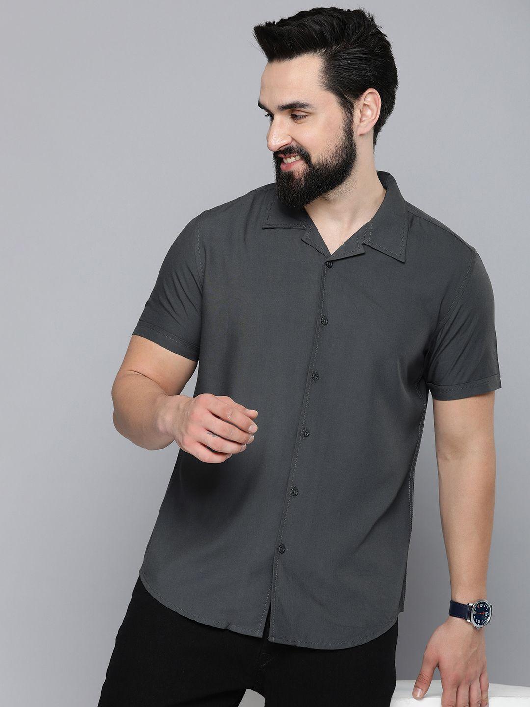 here&now men charcoal slim fit opaque casual shirt